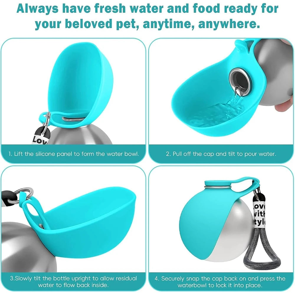 2 in 1 Portable Dog Water Bottle, 10Oz Stainless Steel No-Spill Travel Pet Water Dispenser with Silicone Bowl for Small Dog