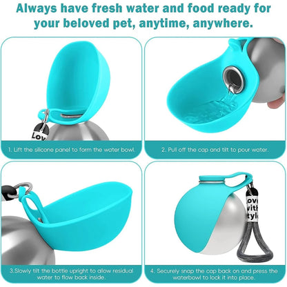 2 in 1 Portable Dog Water Bottle, 10Oz Stainless Steel No-Spill Travel Pet Water Dispenser with Silicone Bowl for Small Dog