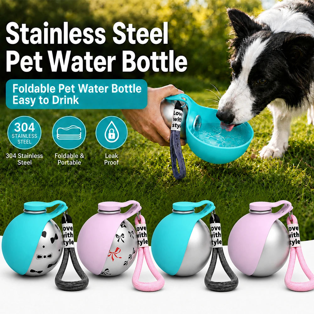 2 in 1 Portable Dog Water Bottle, 10Oz Stainless Steel No-Spill Travel Pet Water Dispenser with Silicone Bowl for Small Dog