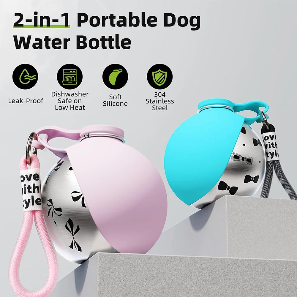 2 in 1 Portable Dog Water Bottle, 10Oz Stainless Steel No-Spill Travel Pet Water Dispenser with Silicone Bowl for Small Dog
